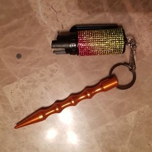 Self defense pepper spray and striking tool